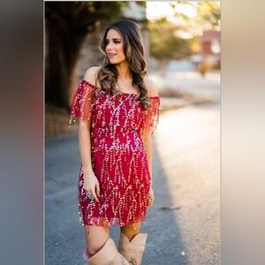 Southern Fried Chics Red Sequin Off-Shoulder Dress